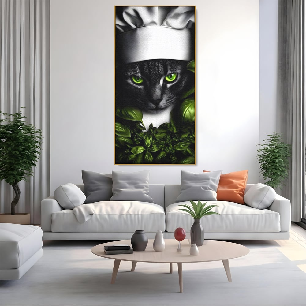 Tablou canvas cu tablou canvas cu pisica bucatar si frunze, in rama de aluminiu auriu, pe perete intr-un living